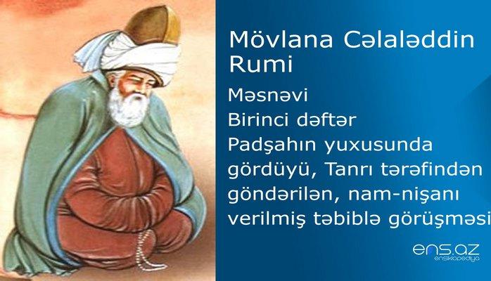 Mövlana Cəlaləddin Rumi - Birinci dəftər/Padşahın yuxusunda gördüyü, Tanrı tərəfindən göndərilən, nam-nişanı vеrilmiş təbiblə görüşməsi